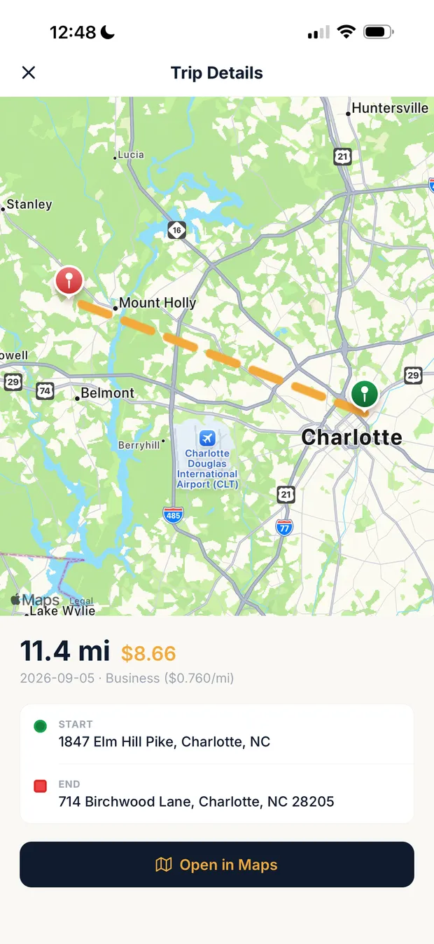 Trip detail showing 11.4 miles at 0.760 dollars per mile for a September 2026 business trip with start and end addresses