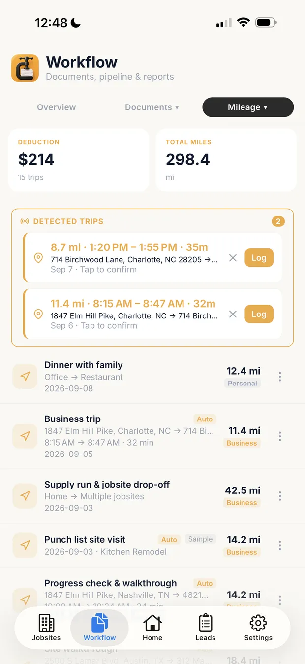 Mileage screen showing a deduction total and total miles, two detected trips awaiting confirmation, and logged trips including one attached to a Kitchen Remodel job