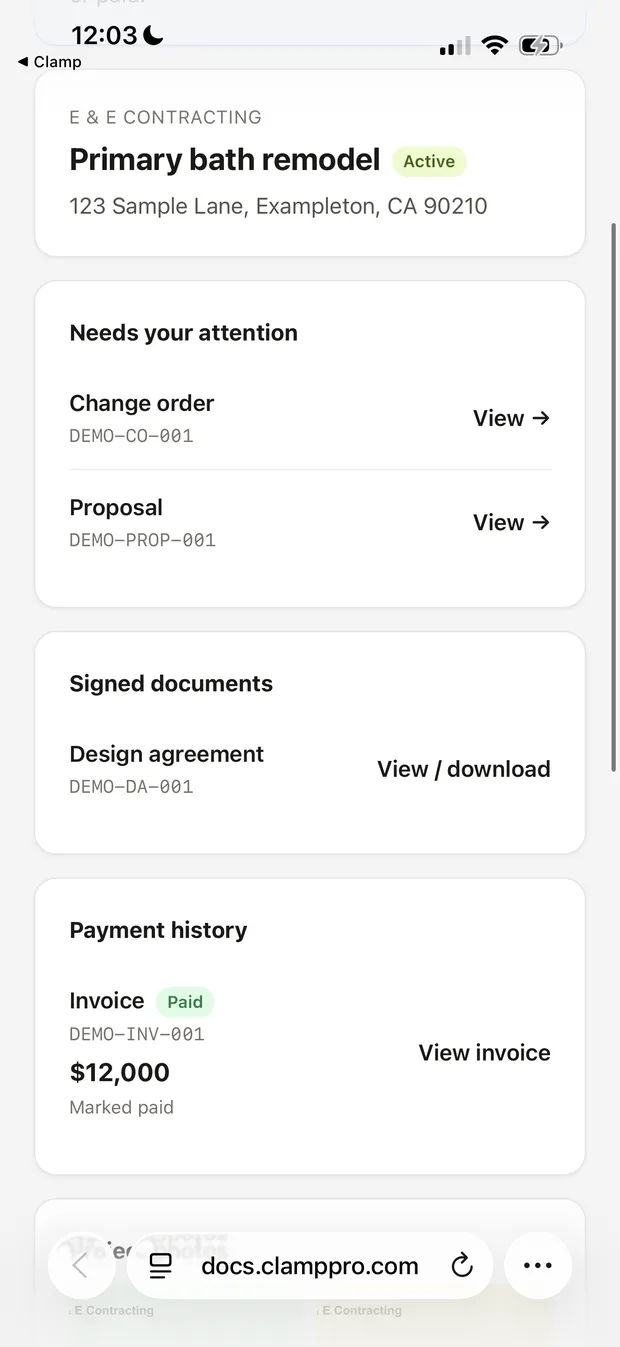 A customer portal on a phone showing the project, documents needing attention, signed documents and payment history